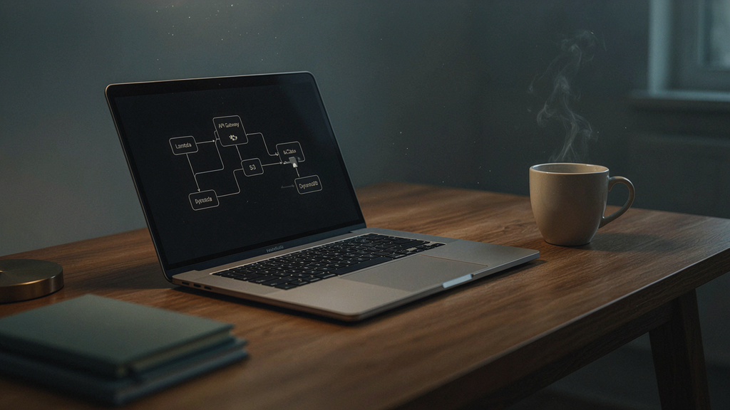 A moody, cinematic photo of an open laptop reflecting a glowing serverless architecture map next to a cup of coffee on a dark wooden desk
